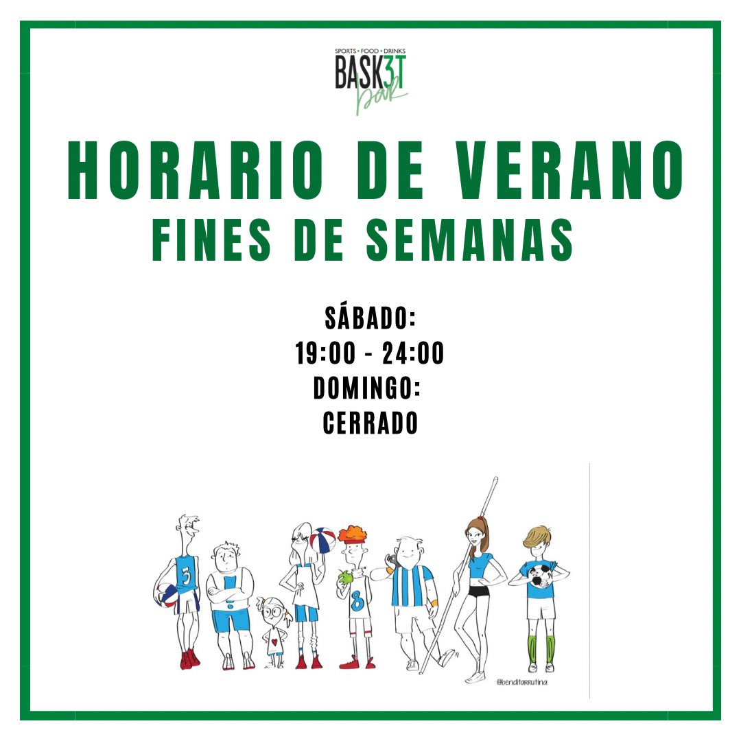 Bask3Tbar's tweet photo. ¡Nuevo horario para los fines de semana de verano! 🕒🌞🌊🙌🏼
#verano #horario #findesemana #bask3tbar https://t.co/FtYc3fkszv