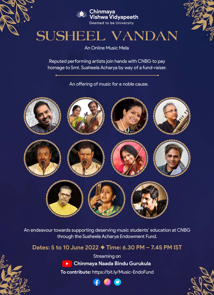 CVV_CNBG's tweet photo. Many celebrated performing artists chip in to offer homage to Smt. Susheela Acharya.

Susheel Vandan – a 6-day online event to support deserving students of music at Chinmaya Naada Bindu Gurukula

Watch this space for more updates…
Click to Subscribe -  https://t.co/V8VUWT8wj7 https://t.co/whibzRaGY7