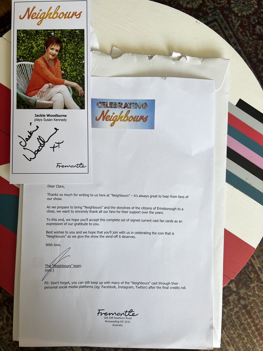 Clare Logan (@clogenomics) on Twitter photo I sent a thank you card to <a href="/neighbours/">Neighbours</a> as they film their final episodes… and in return I got some very exciting post from Australia this morning! There’s a full set, but here is a hand-picked selection 😍 I sent a thank you card to <a href="/neighbours/">Neighbours</a> as they film their final episodes… and in return I got some very exciting post from Australia this morning! There’s a full set, but here is a hand-picked selection 😍