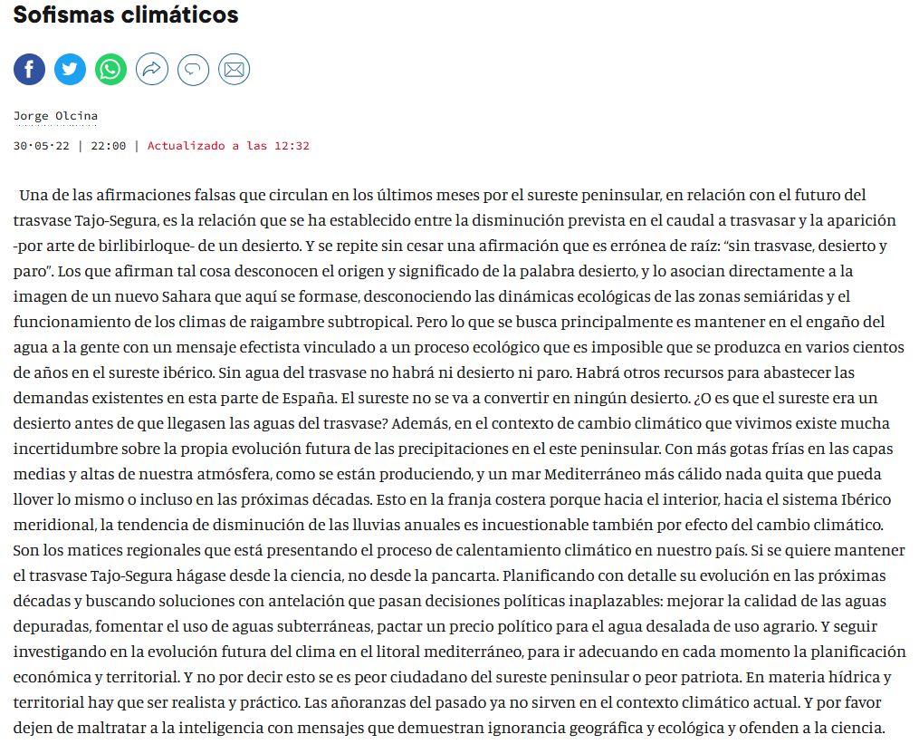 "Si se quiere mantener el trasvase Tajo-Segura hágase desde la ciencia, no desde la pancarta" No puedo estar más de acuerdo con lo q nos cuenta Jorge Olcina, una de las personas que más sabe sobre nuestro clima y cómo está cambiando, en <a href="/levante_emv/">Levante-EMV</a> levante-emv.com/comunitat-vale…