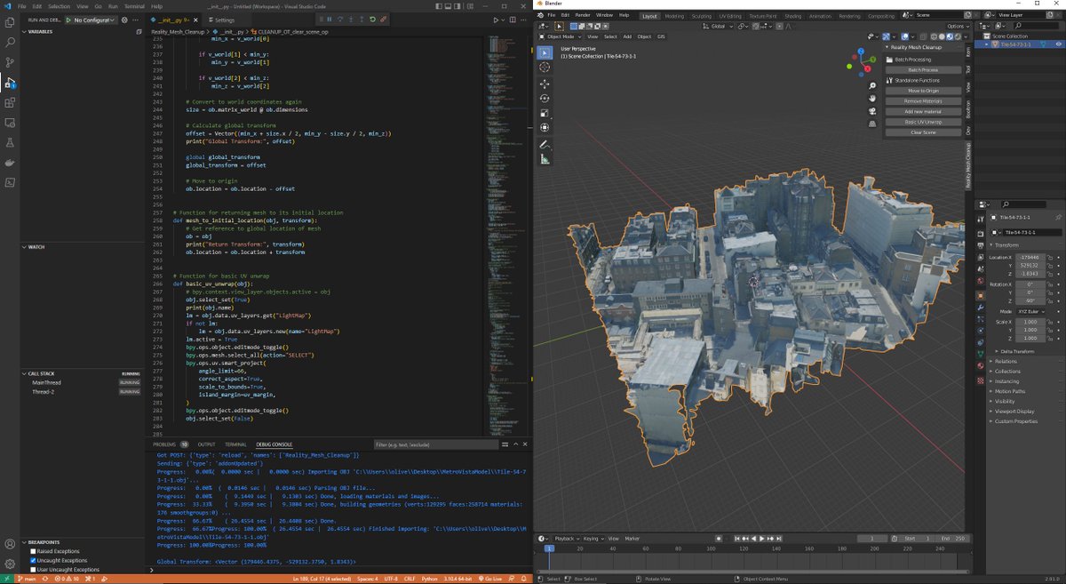Virt_Arch's tweet photo. Forays into the #Blender Python API writing an addon to batch cleanup #RealityMesh data. Day 2 of second attempt. This is loooooong! https://t.co/5yi0q3dWQF