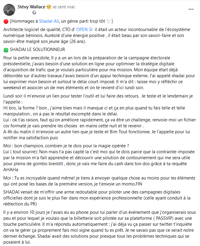 StevyWallace's tweet photo. Le Bénin a perdu hier @shadai_ali  une incroyable compétence de l’écosystème numérique.
Ses travaux utiles pour des milliers d'entre nous immortaliseront son NOM.
Mes condoléances à l'#OpenMafia
Merci pour tout bro.
La mort nous ramène hélas bien souvent aux réalités de la vie.🫤 https://t.co/y0VcjTdnp0
