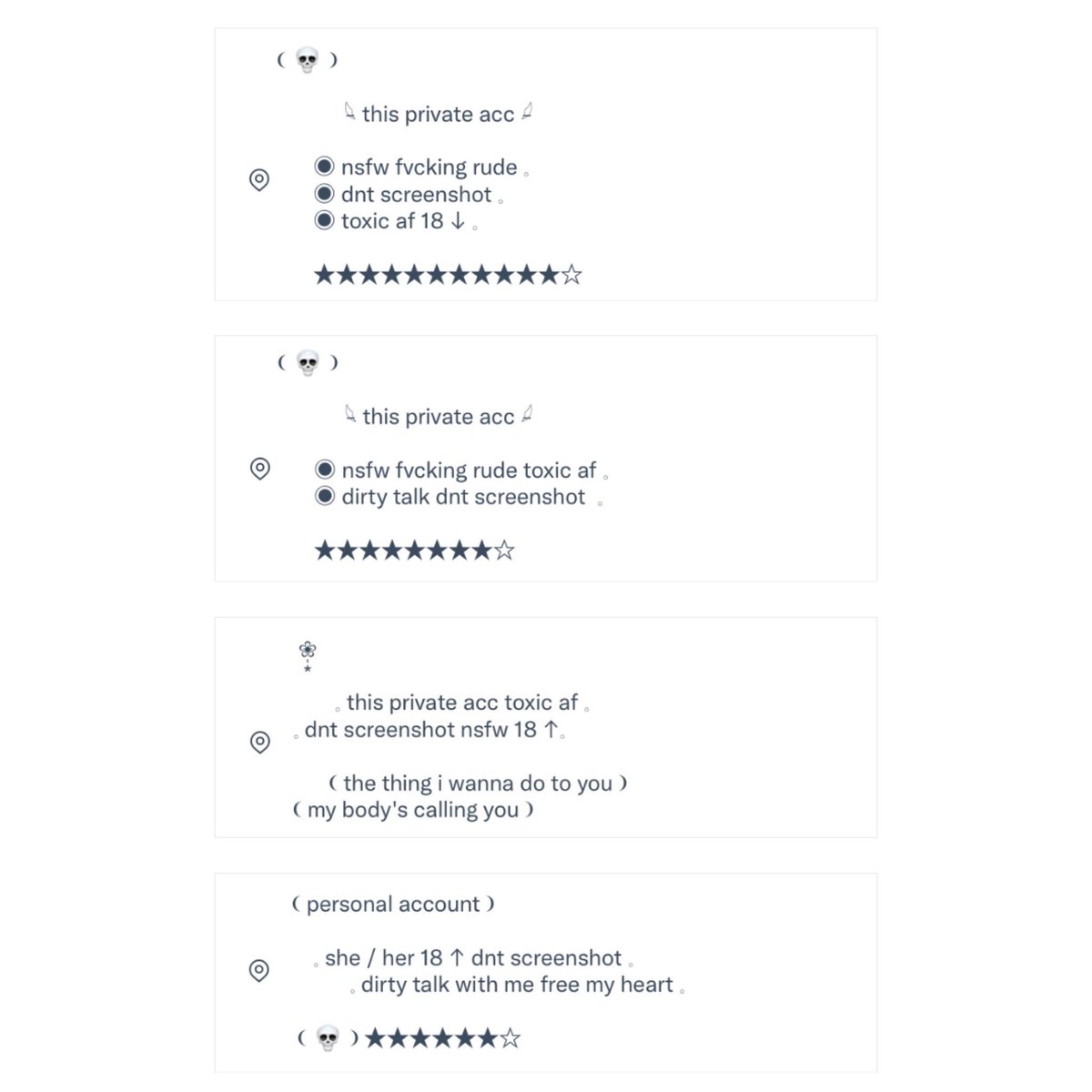 ⠀   ⠀   ⠀   ⠀   ⠀   ⠀   ⠀   ⠀   ⠀   ⠀   ⠀   ⠀      ⠀   ⠀ ⠀ ⠀⠀⠀ ⠀ private acc 

⠀ ⠀    ⠀⠀ ⠀⠀ 𓈒 location  𓈒

✞   free just rt + follow 𓈒
✞   mention anything 𓈒
✞   can edit ↑↓ she/her emoji 𓈒
✞   mt now - close