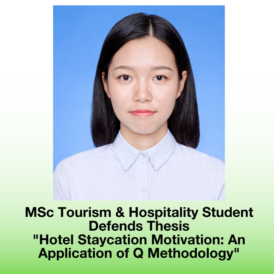 Congratulations to MSc Tourism & Hospitality Management student, Qianya (Hannah) Li who recently defended her thesis, “Hotel Staycation Motivation: An application of Q Methodology” under the supervision of Dr. WooMi Jo.
#TourismWeekCanada2022 #HFTMProud #LangBusiness #UofG