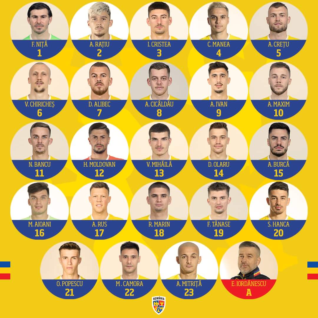 FootRoumain's tweet photo. Les numéros des Tricolorii 🇷🇴 pour le match du soir au Monténégro.

Comme annoncé hier, George Pușcaș et Marius Marin sont trop courts. Târnovanu, Ghiță (😤), Ștefănescu (que j'aurais lancé), Sorescu et Păun ne seront pas sur la feuille de match.

#MNEROU #NationsLeague https://t.co/IXveBvUMtw