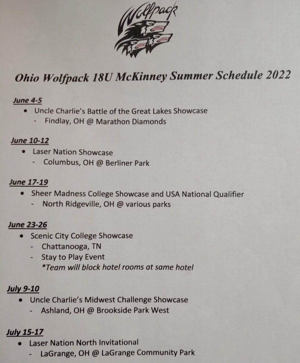 16uWolfpack's tweet photo. Here’s the packs summer schedule! We kick off the season today in Findlay at Marathon Fields at 8am 930am and 1230pm. https://t.co/F008FMDVzJ
