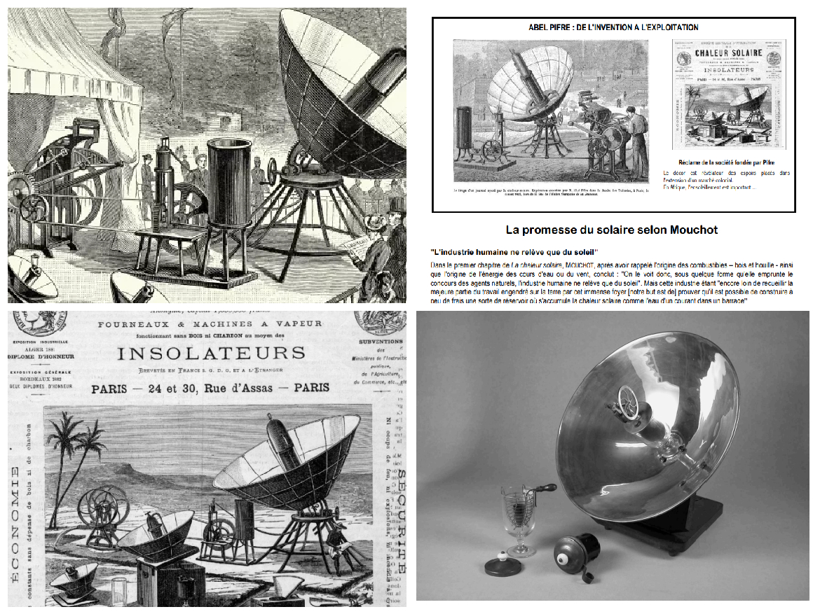 En 1866, Augustin Mouchot aurait  inventé le premier #moteur #solaire avec un réflecteur parabolique et une chaudière cylindrique en verre alimentant une petite machine à vapeur. #FreeEnergie #Energie #tartaria