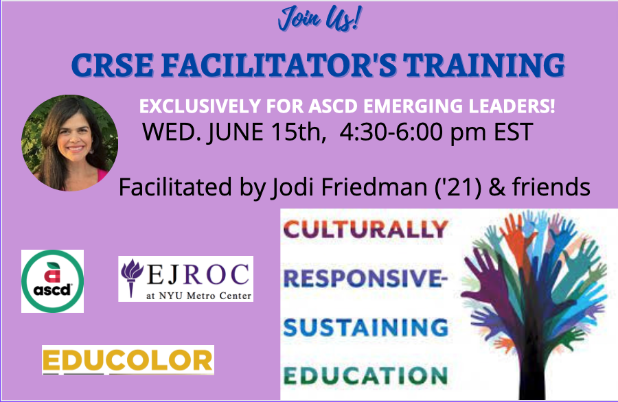 Calling my #ASCDEmergingLeader friends! Join us for this FREE learning opp. with @nyced4equity & friends sharing the @nyu_ejroc & @EduColorMVMT guide on Culturally Responsive & Sustaining Ed! Wed. 6/15 4:30 pm EST in the Community!   @EL_ASCD  @WalterinDC  @awfrench1 @TMus_Ed
