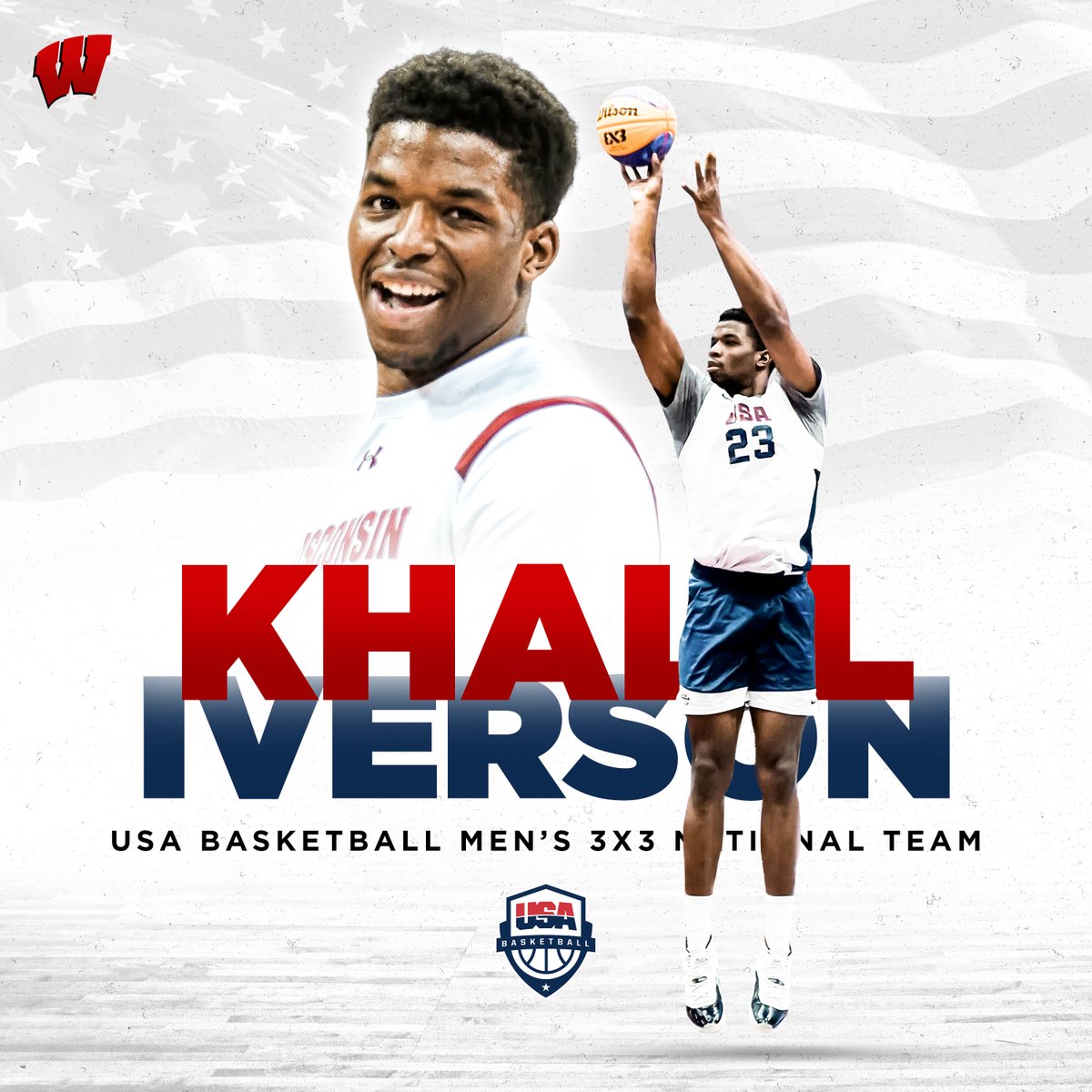 Red, White and Blue Badger! 🇺🇸

Congrats to <a href="/iverson_khalil/">Khalil Iverson</a> on making the 2022 USA Basketball Men’s 3x3 National Team!

<a href="/usab3x3/">USA Basketball 3x3</a> will compete June 21-26 at the 2022 <a href="/FIBA3x3/">3x3 Basketball | FIBA3x3</a> World Cup in Antwerp, Belgium. bit.ly/3NICap3