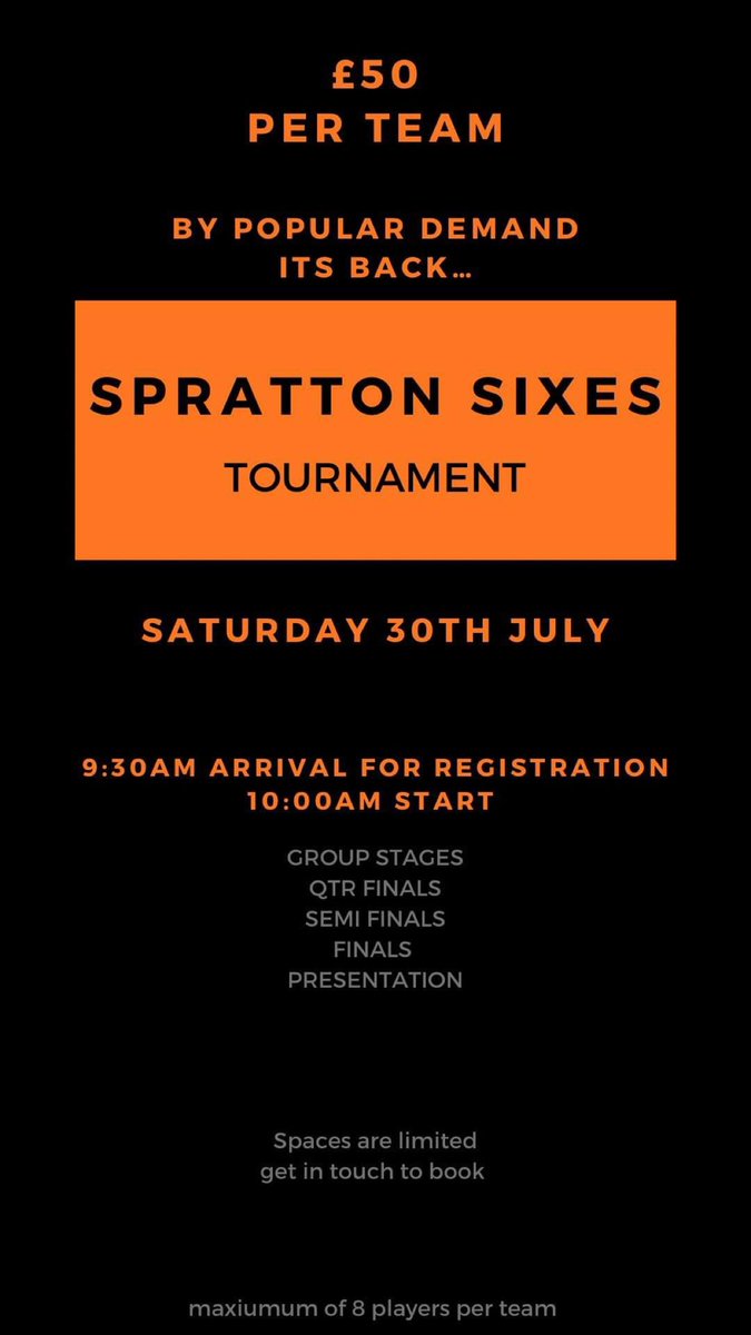 SprattonFC's tweet photo. Due to cancellations, we have 2 spots available for the Sixes! Please get in touch ASAP to book ⚽️ https://t.co/4t9nQu8dC7