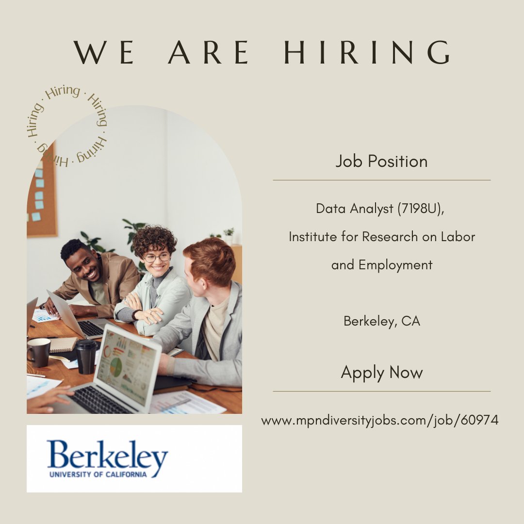 Looking for a new job? Apply today to diverse jobs at MPN!
Position from University of California, Berkeley:
Data Analyst (7198U), Institute for Research on Labor and Employment
Berkeley, CA
mpndiversityjobs.com/job/60974 

#DiversityJobs #DEIJobs #DiverseNonprofitJobs #DiverseHR #DEI