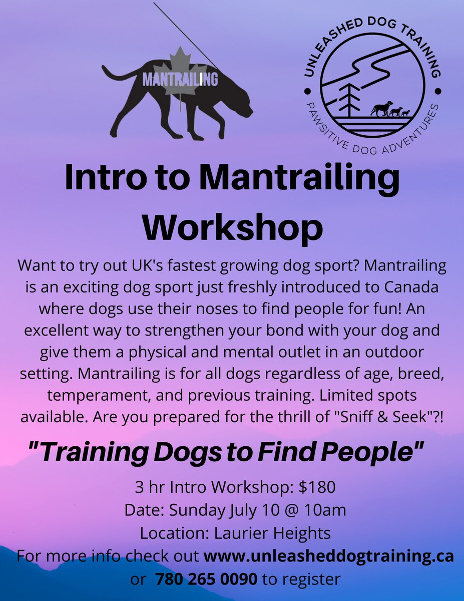 UnleashedExplo1's tweet photo. Very excited to be hosting one of Edmonton's first Mantrailing workshops. Come out and bond with your dog! #mantrailing #yeg #yegdogs #dogsports https://t.co/ZcdPbyzhWO