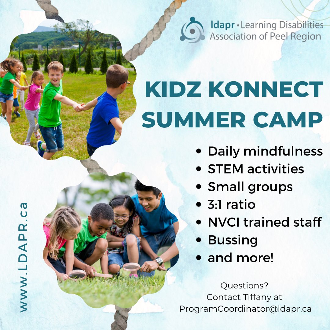 Have you registered for our Kidz Konnect Summer Camp yet?

Visit ldapr.ca/our-programs/k… for more information and to register today! #summer #summercamp #KidzKonnect #learningdifferences #regionofpeel #mississauga #brampton #caledon