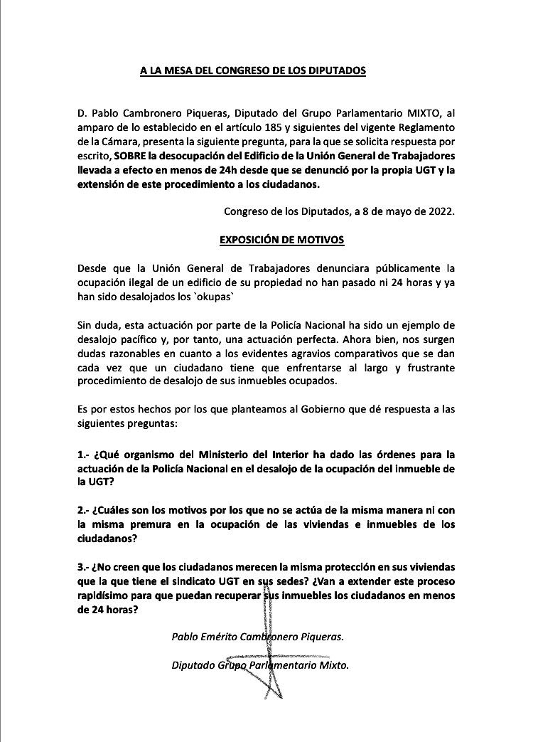 PabloCamPiq's tweet photo. 🔴 ¿Recuerdan el inmediato desalojo de los okupas de la sede de @UGT_Comunica?

Pues me dice el Gobierno que siempre se actúa así, que el plazo de 24h del desalojo es “el normal”

Españoles que sufren una okupación, exijan su desalojo en 24h en virtud de este documento público. https://t.co/IM2tXvaXpT