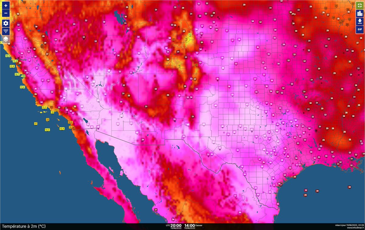 Une vague de chaleur remarquable touche le SO et le centre des #USA. Il fait jusqu'à 42°C au #Texas, 45°C à Phoenix, 46 et plus dans la vallée de la mort. Carte @infoclimat 