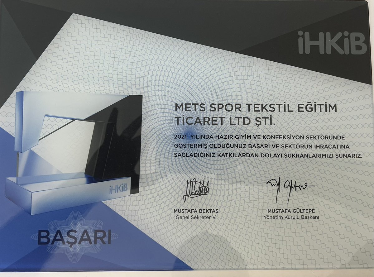 Mets spor olarak üyesi olduğumuz İstanbul tekstil ve ihracatçılar birliği tarafından başarı belgesi ile ödüllendirildik,değerli başkanımız Mustafa Gültepe’ye teşekkür ederiz ülkemizin büyümesine elimizden gelen tüm katkıyı vermeye devam edeceğiz…#ihkip #mustafagültepe