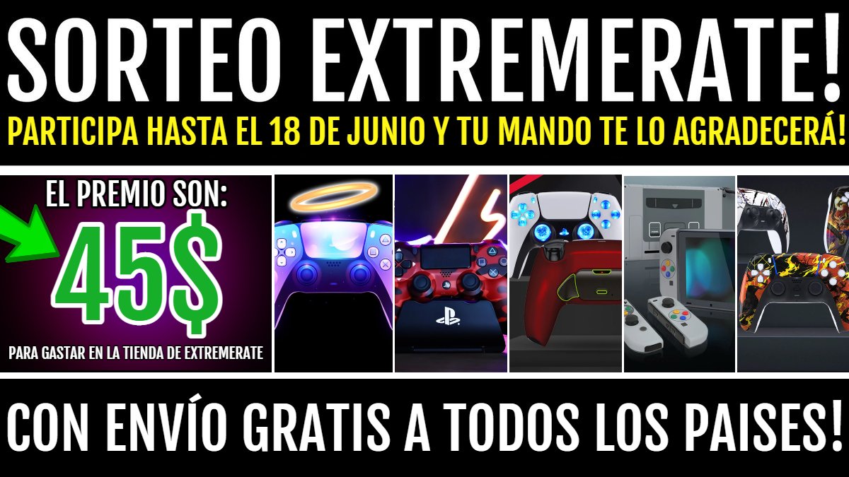 🎊¡NUEVO SORTEO EXTREMERATE!🎊

🎁¡¡EL PREMIO son 45$ para gastar en LO QUE QUIERAS de la tienda ExtremeRate!!✨✨

✅Requisitos:
1️⃣️Sigue a <a href="/ExtremeRate/">eXtremeRate</a> y a <a href="/TheWildGamer95/">TheWildGamer</a>
2️⃣RT🔁y Like💖

Y ya, así de fácil😌

Finaliza el 18 de Junio⏰
Envío gratis a todos los paises