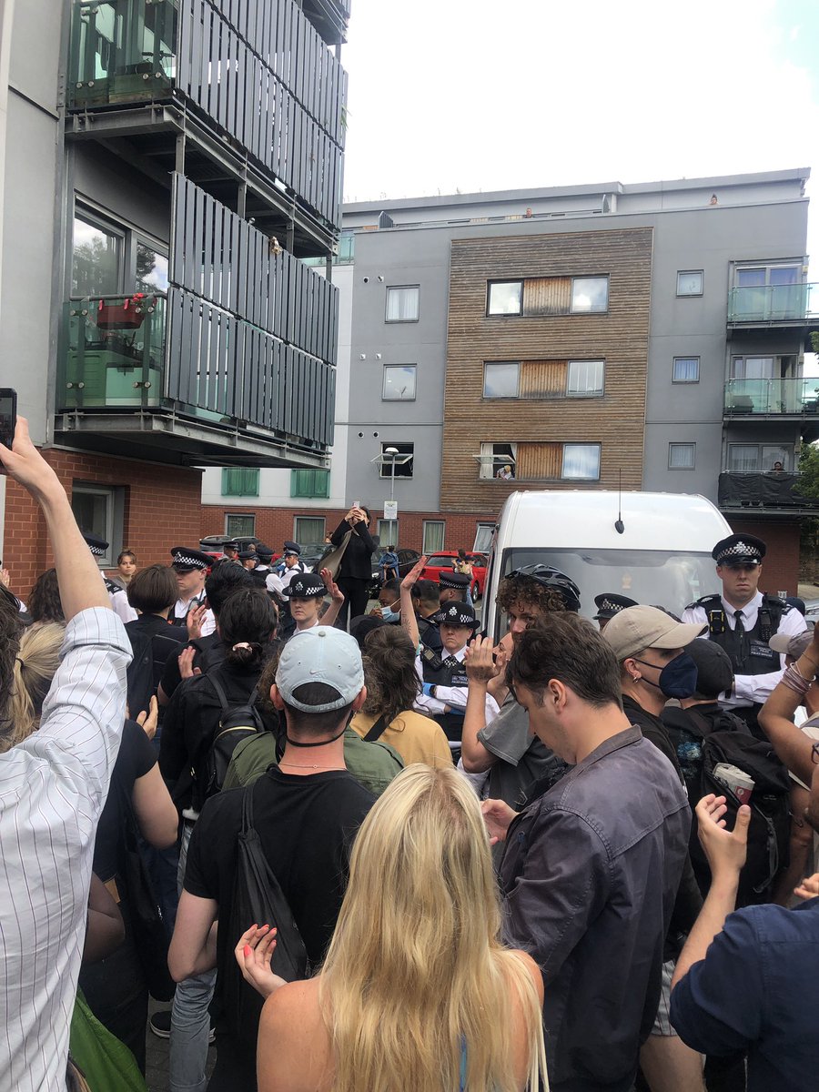 After 4 hours of resistance and a crowd of 200 people they’re letting our neighbour go! People power wins. We’re shouting ‘don’t  come back to Peckham!’