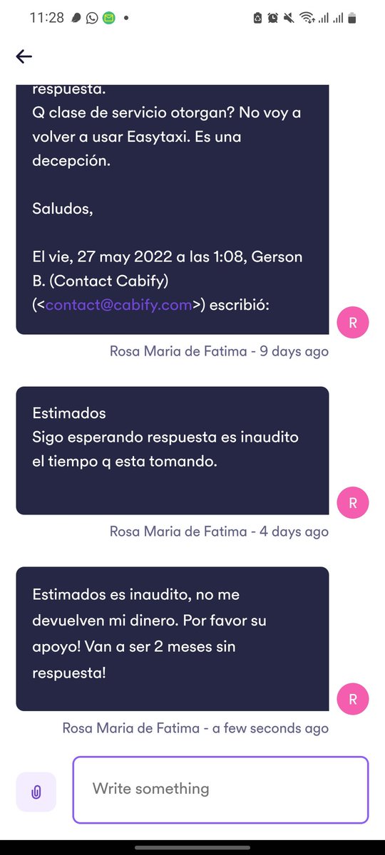 rosamariadefa's tweet photo. @Cabify_Peru por favor atiendan mi caso, voy más de 1 mes esperando respuesta https://t.co/rWUIAvyuxg