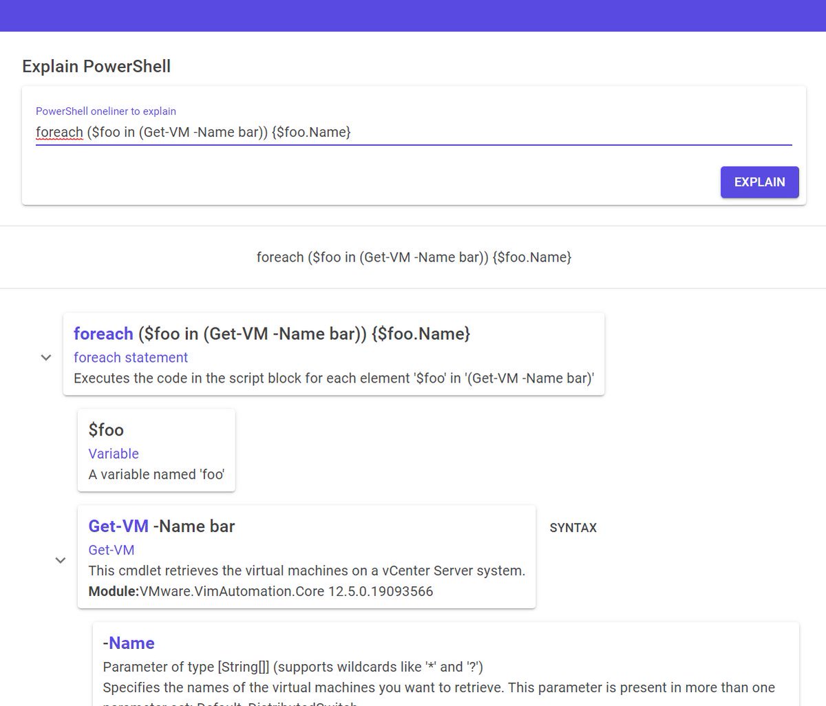 explainpowershell.com has improved again!

- More reliable help for command parameters (tnx for pointing out that bug <a href="/LucD22/">Luc Dekens 🫧</a>!)
- Added help for 'for' and 'foreach'
- @lucD22 also requested to add all the VMWare modules, and so I did :)

#PowerShell