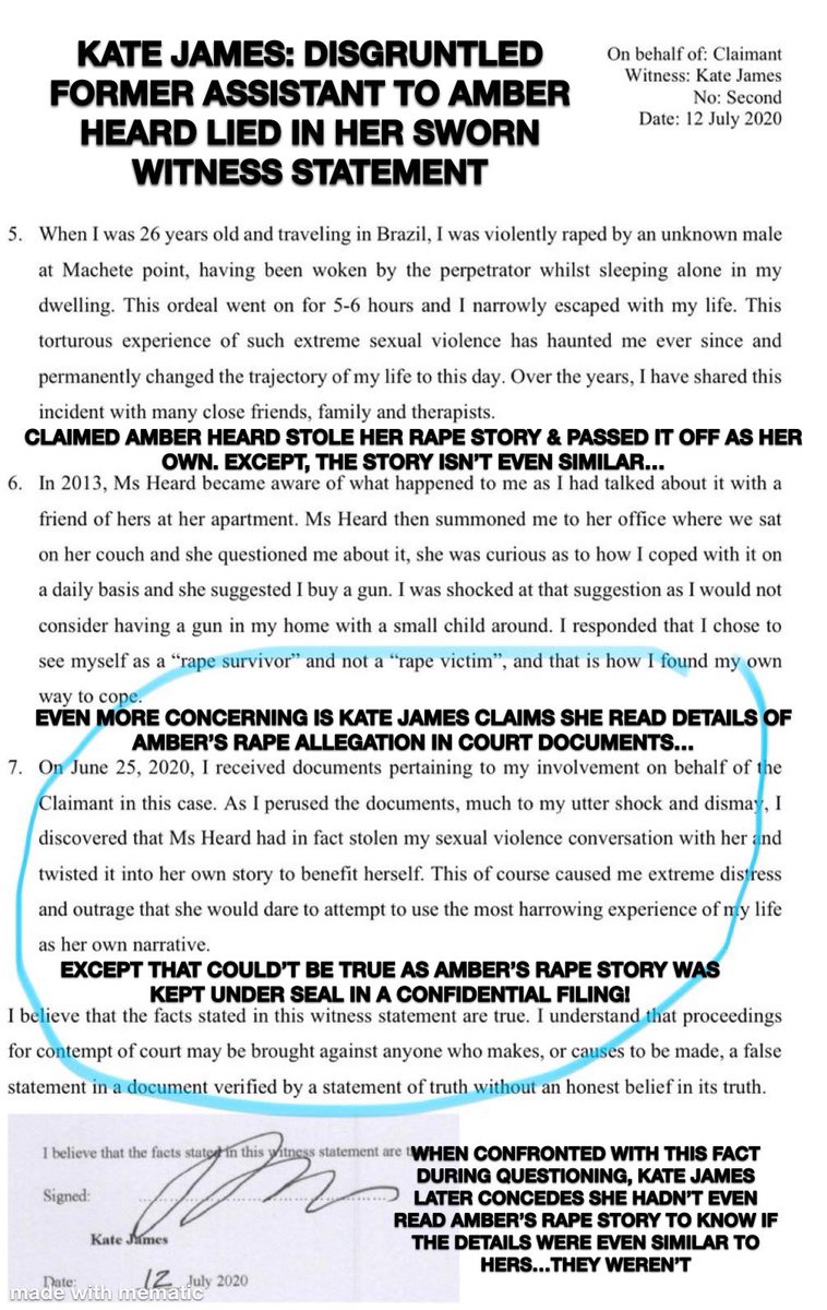 audreyarison's tweet photo. In a SWORN statement, #JohnnyDepp’s co conspirator #KateJames, said she read Amber’s #Rape story & she was shocked it was the same as her rape story—except Amber’s rape story was sealed & not even provided in case documents. She lied! #ExposingDepp #JohnnyDepp #AmberHeard https://t.co/x8kAGmTLWZ