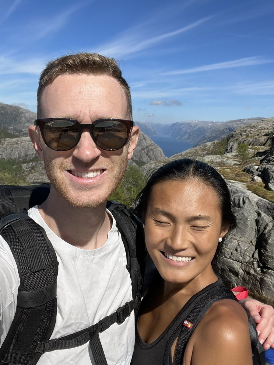 ClaireandPeter_'s tweet photo. Day 95 - Forgot to take a selfie at Priekestolen/Pulpit Rock 🫠 so here’s one on the way back https://t.co/tUF8qVTj6o