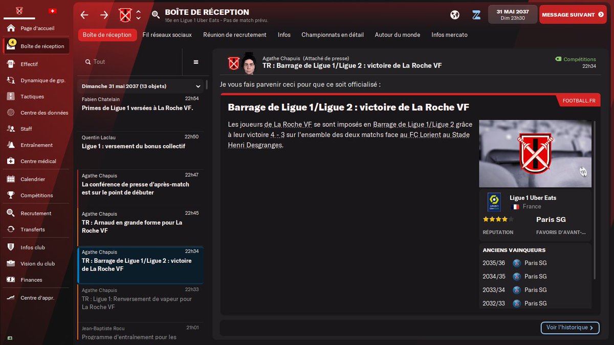 Ndombeleesport's tweet photo. Fin de la Saison 16 🎉
Maintien obtenu via les barrages 🤯
Une saison longue mentalement il fallait s'accrocher 😅
Mais pour le 18 ème budget de ligue 1 on s'en sort pas mal
#fm22 #LRVF https://t.co/btIaB3jFLy