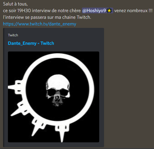 dante_enemy's tweet photo. Ce soir 19h30 Interview de @Hoshiyo91 sur ma chaine twitch https://t.co/i8VzrXBHhY

#twitch #gaming #gamer #twitchstreamer #streamer #ps #youtube #xbox #fortnite #twitchaffiliate #playstation #twitchtv #videogames #pc #game #stream #games #callofduty #streaming #memes #gamergirl https://t.co/VEE2kccOLL