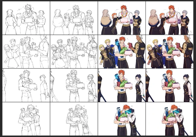 The progress of Sylvain's bday art this year. Took me an entire week to finish _(:3」∠)_ 

sketch -> lineart -> flat colour -> shading 