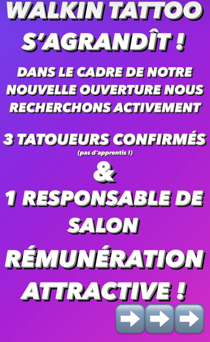 Walkin_Tattoo's tweet photo. @Walkin_Tattoo s’agrandît et Recrute 3 tatoueurs et un responsable de salon pour le 4 Juillet sur Paris centre ! 👀

Faites tourner ! 🙌 https://t.co/APrgVmqqEx