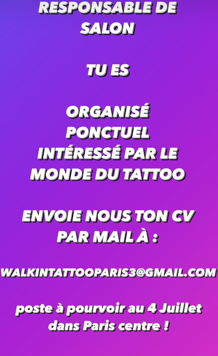 Walkin_Tattoo's tweet photo. @Walkin_Tattoo s’agrandît et Recrute 3 tatoueurs et un responsable de salon pour le 4 Juillet sur Paris centre ! 👀

Faites tourner ! 🙌 https://t.co/APrgVmqqEx