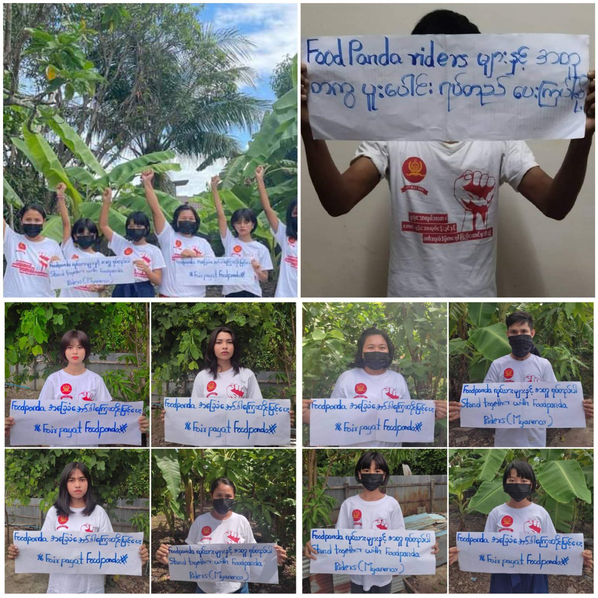 '#FairPayAtFoodPanda”
“Stand together With Food Panda Riders”

Federation of General Workers #Myanmar - FGWM staged a photo campaign today to show their solidarity with Food Panda Riders who's been on strike due to labor rights violations.
#2022June11Coup
#WhatsHappeninglnMyanmar