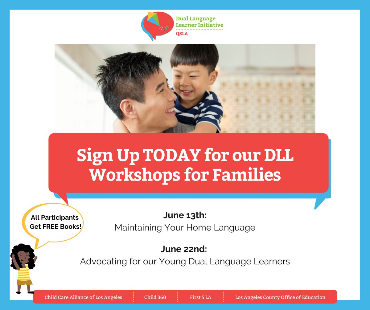 📣Families of young #DLLs, Don't Miss Out!📆Sign up TODAY for FREE family workshops to help learn strategies, tips, &amp; access resources to support young dual language learners at home!  #DLLSuperpower 
Register here👉🏽 ow.ly/JK6r50Jmn8E 
@lacoeheadstart@First5LA@EarlyEdgeCA