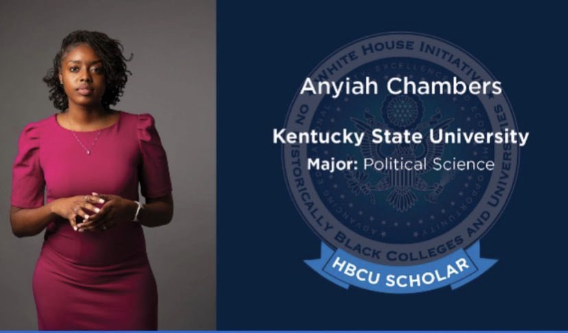 KYSU_CPDC's tweet photo. Anyiah Chambers @AnyiahSimone is one of 86 students from 56 HBCUs names as @WHI_HBCUs The White House Initiative on HBCU, #HBCUScholars Thank you for putting in the work with our office and continuing to break barriers and open doors for students at @KyStateU https://t.co/9ouDrlCZ7m