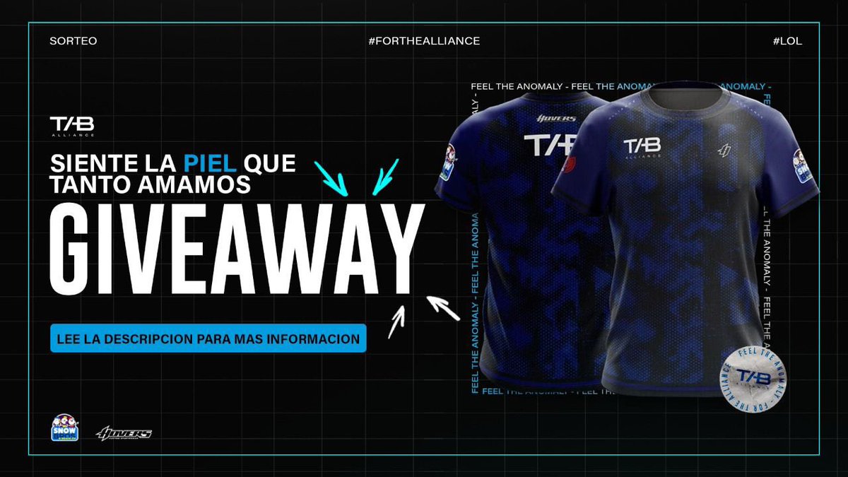 TAB_Anomaly's tweet image. ¡GÁNATE UNA JERSEY DE NUESTRO EQUIPO DE LEAGUE OF LEGENDS!

Los pasos son muy sencillos: 
🔹Síguenos en @Tab_alliance 
🔹Da Rt a este tweet 
🔹Comenta #GoTAB 
🔹Etiqueta a un amigo que sea fan de LoL

La dinámica cierra el próximo Sábado 18 de Junio.

¡MUCHA SUERTE A TODOS!