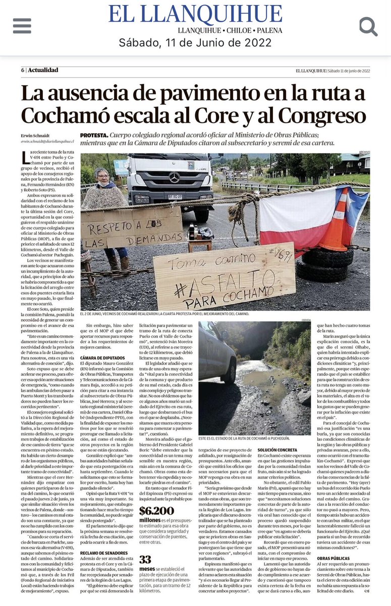 #ElLlanquihue🗞 La Ausencia de Pavimentación en la ruta a Cochamó escala al Core y al Congreso. 
Cuerpo colegiado regional acordó oficiar al Ministro <a href="/mop_chile/">Ministerio de Obras Públicas🇨🇱</a> mientras que en la <a href="/Camara_cl/">Diputadas y Diputados de Chile</a> citaron al Subsecretario, y Seremi <a href="/moploslagos/">MOP Los Lagos</a> 
#JuntosAvancemos #RegióndeLosLagos