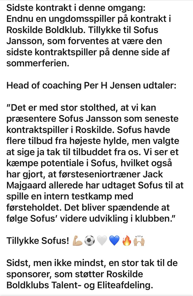 RoskildeBold's tweet photo. Sidste kontrakt på denne side af sommerferien. Tillykke til Sofus Jansson, som har valgt at tegne kontrakt med Roskilde Boldklub💪🏼⚽️🤍💙🔥 #talentudviklingdervirker #rb1906 #roskildeboldklub #alletidersroskilde https://t.co/AtpwwOWIoJ