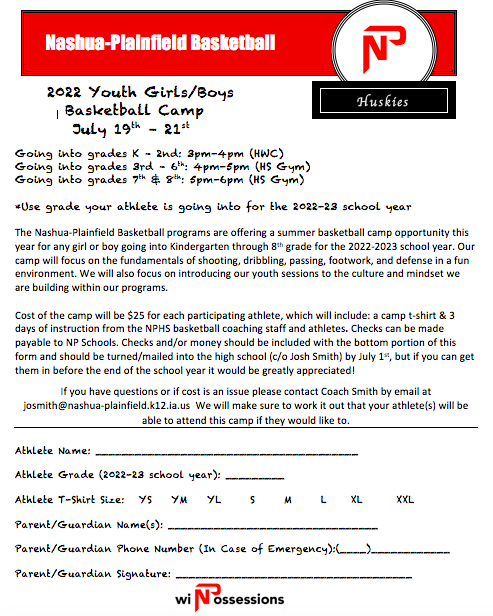 Husky BBall Families:

Friendly reminder to please send in your Husky Summer BBall Camp forms in you haven't done so already. We're hoping to get all forms by the end of June so we can have an accurate number of shirts &amp; sizes when we place our order. Camp info/form is attached.