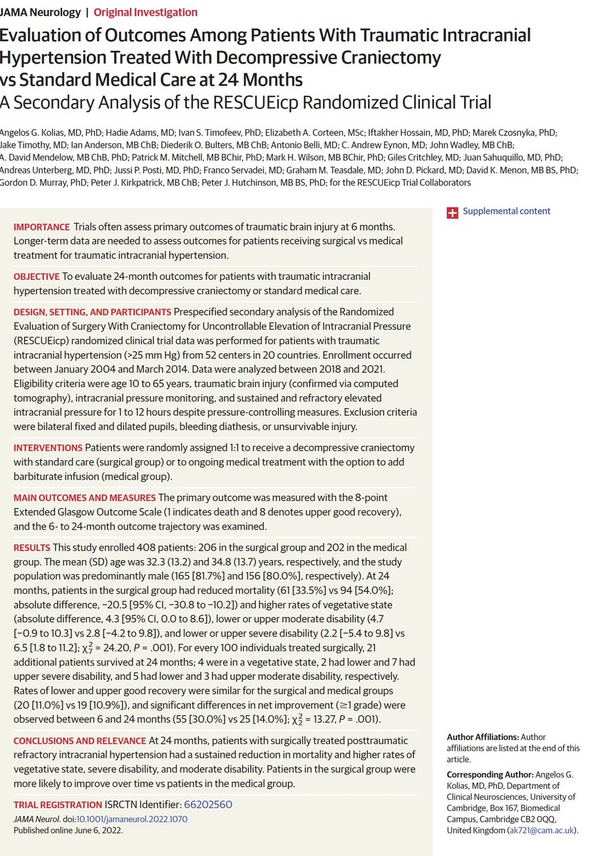 Daniel Donoho, MD (@ddonoho) on Twitter photo ⏰⏰⏰ High Impact paper
RESCUEICP 24 month results <a href="/JAMANeuro/">JAMA Neurology</a>
Prior paper showed DHC > medical tx for severe #TBI with refractory ICP > 25mmHg.
Now: from 12-24 months, 30% of DHC improved ≥1 GOSE point vs 15% non surgical.
Aggressive surgery in severe #TBI is the way. ⏰⏰⏰ High Impact paper
RESCUEICP 24 month results <a href="/JAMANeuro/">JAMA Neurology</a>
Prior paper showed DHC > medical tx for severe #TBI with refractory ICP > 25mmHg.
Now: from 12-24 months, 30% of DHC improved ≥1 GOSE point vs 15% non surgical.
Aggressive surgery in severe #TBI is the way.