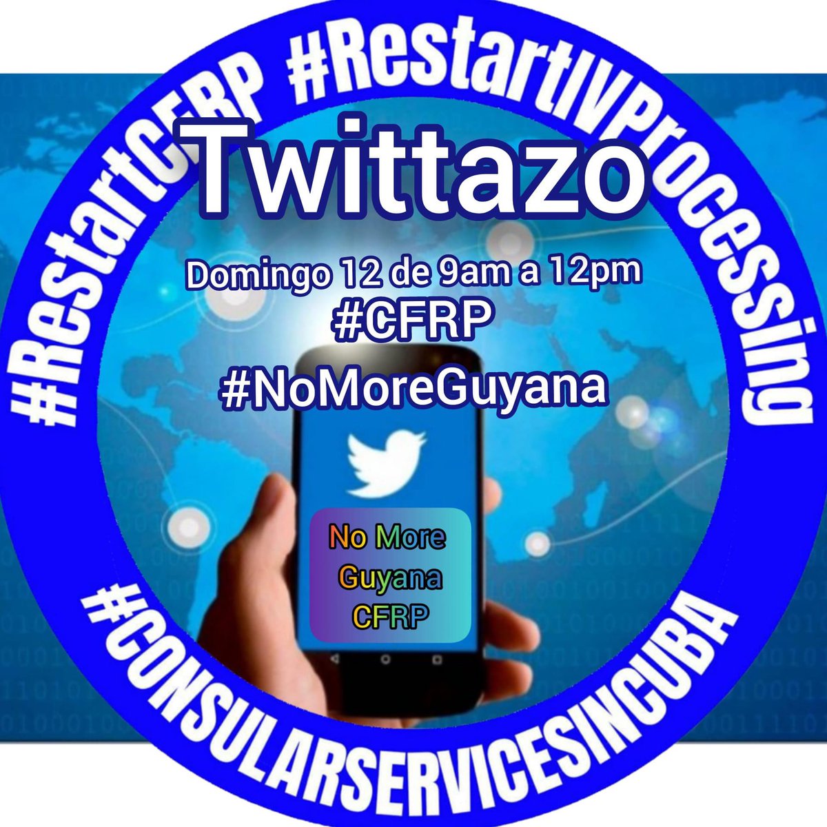 Los invitamos TWUITTAZO mañana Domingo 12 de junio de 9am a 12pm. 
Por la familia cubana en reunificación familiar 
#CFRP
#ConsularServicesInCuba 
#NoMoreGuyana
<a href="/LaFamiliaEsTodo/">La Familia Es Todo🇺🇲🇨🇺</a> <a href="/EmigrationAnd/">Emigration and Family Reunification NEWS</a> <a href="/SolisAnnouncer/">Indira Solis</a> <a href="/Maiquel59232858/">𝙼𝙰𝙸𝚀𝚄𝙴𝙻 𝙲𝚁𝚄𝚉</a> <a href="/visa_f1/">F1 Family Visa USA (Cuba)</a> <a href="/CFamilytogether/">America free of Communism & Islamic terrorists</a> <a href="/CFRPtweet/">CFRP_tweets</a> <a href="/neversettle1501/">Cuca la Mácara 🇺🇦</a>