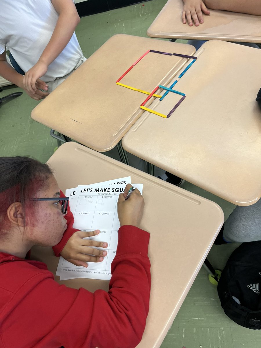 ms_pellicciotti's tweet photo. Let’s make squares! 4 students per group, 12 sticks total. Each student in charge of 3, all 12 must be used each time. Absolutely loved this Kagan Cooperative Learning activity🤩 students worked together &amp; accomplished this challenge. #iteachmath #teachertwitter #kagan #activity https://t.co/xOaxS65znn