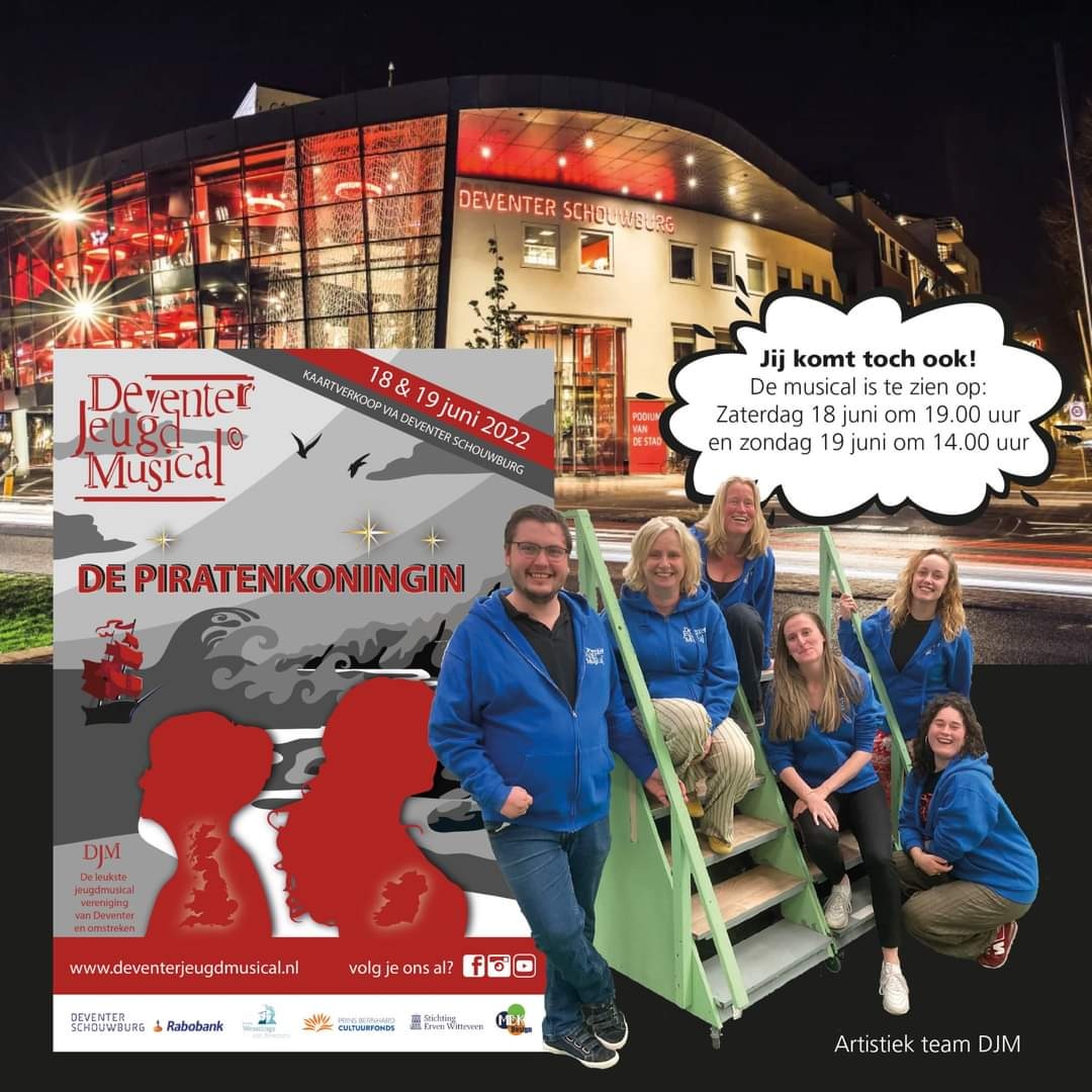 Deventer Jeugd Musical is dé leukste musicalvereniging van Deventer! Al meer dan 50 jaar spelen zij in juni een spetterende gezinsmusical in de Deventer Schouwburg. De talenten zijn tussen de 8 en 18 jaar.
Kaartverkoop via deventerschouwburg.nl/programma/djm-…

deventerjeugdmusical.nl