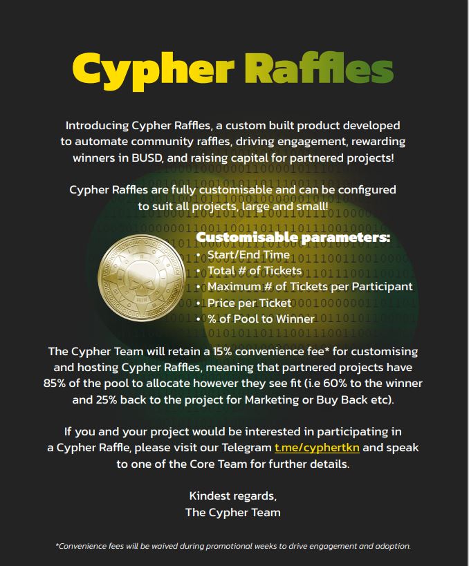cyphertkn's tweet photo. Cypher Token has something special for our fellow Cryptoverse communities!  We have waived our  fee for hosting raffles through June 16!  Would you like to reward a member and see a massive buy back and burn candle?  Need Marketing funds? Team members, reach out on TG. https://t.co/WxOBG3FFSJ