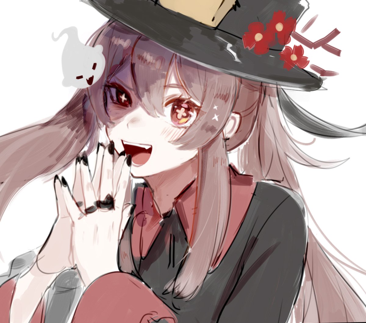 hu tao (genshin impact) 1girl hat brown hair ghost black nails red eyes flower  illustration images