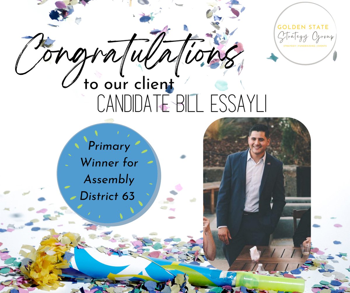 gs_strategy's tweet photo. @billessayli has had his sight set on the State Assembly since 2018.  After years of hard work, we are thrilled to report that he's advanced to the General Election in the newly drawn Assembly District 63!  We are so proud! https://t.co/dw0pf7Wyo8