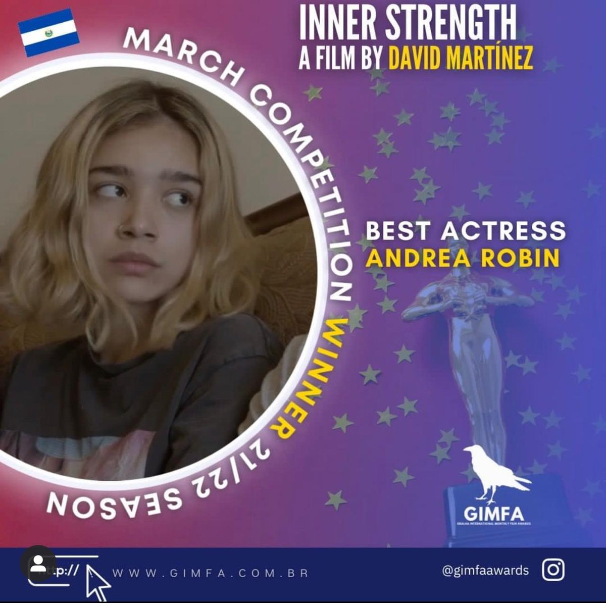 PamelaRMusic's tweet photo. Mi hija Andrea Robin ha ganado como mejor actriz de cortometraje en el Gimfa Festival de cine de Brasil!!! Soy una mami re orgullosa!!! 
Mi bebé es un orgullo salvadoreño 🎬🎬🎬🎬 https://t.co/iHQ4LYsNc7