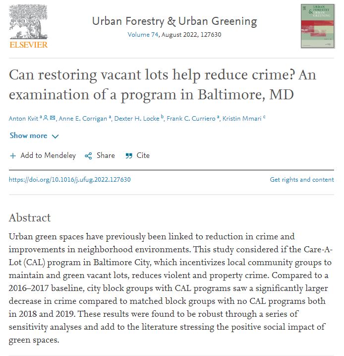 vtarborist's tweet image. Can restoring vacant lots help reduce crime? An examination of a program in Baltimore, MD. "These results were found to be robust through a series of sensitivity analyses and add to the literature stressing the positive social impact of green spaces." buff.ly/39d4xwG