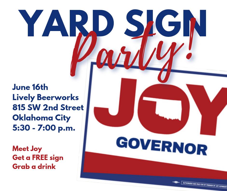 joy4ok's tweet photo. Yard signs are here! Pick yours up in OKC at @LivelyBeerworks this Thursday, June 16th.
#chooseJoy #joyforok #thehof https://t.co/qs3YAbCkqx