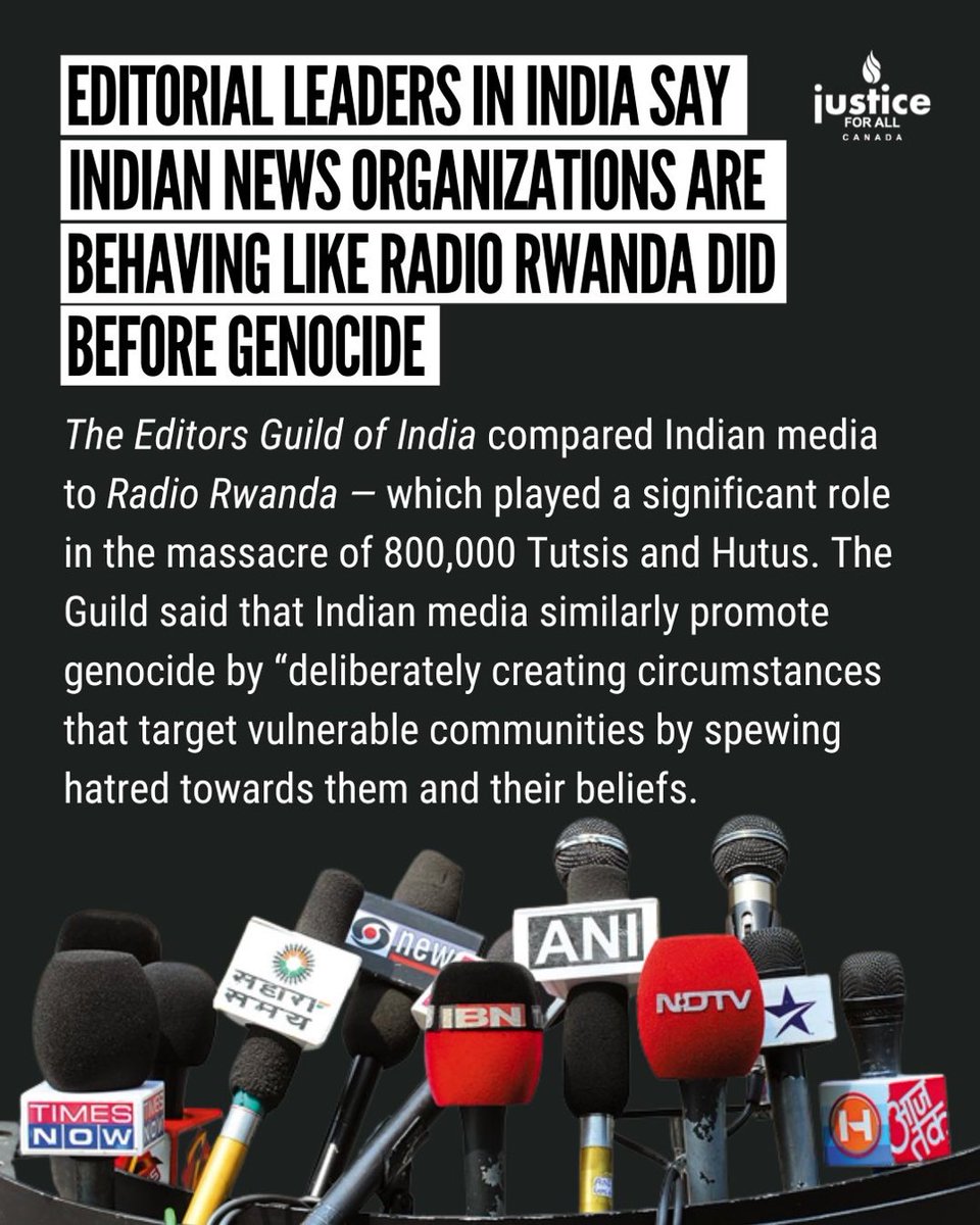In Rwandan #Genocide, the radio played a significant role in the massacre of Tutsi. 
<a href="/IndEditorsGuild/">Editors Guild of India</a> used that example &amp; condemned the "irresponsible conduct of Indian national news channels for deliberately targeting vulnerable communities by spewing hatred." <a href="/justiceforallcn/">Justice for All Canada</a>