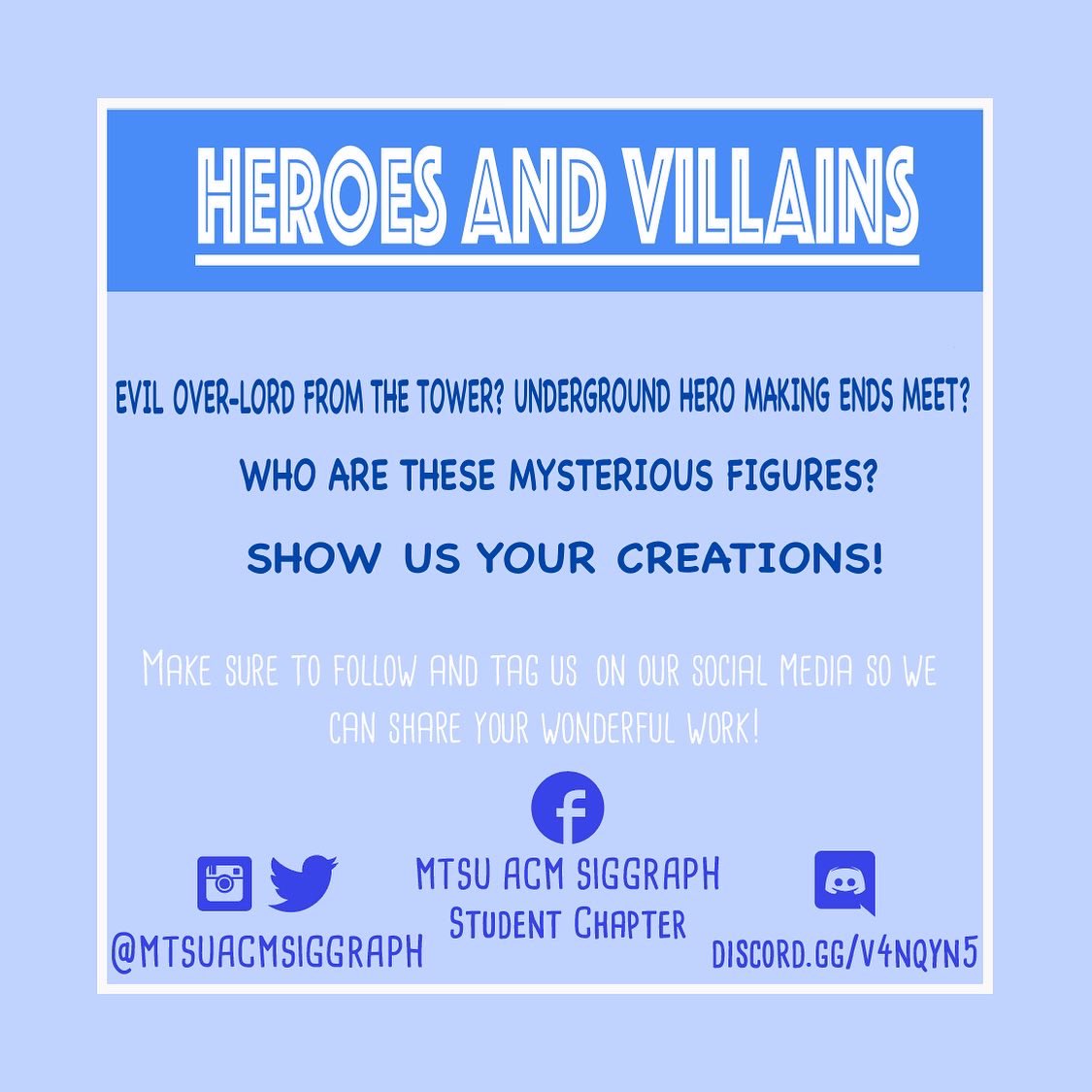 MTSUACMSIGGRAPH's tweet photo. And we are at week 3 of our summer 2022 prompts!!! This week is heroes and villains! Show us your warriors of justice! (Or injustice lol)

Tag me in your work 👀👀
‐-------------
#mtsu #mtsuacmsiggraph #siggraph 
#studentart #animationstudent
#mtsucreates #mtsucreate https://t.co/H3glmEoMhY